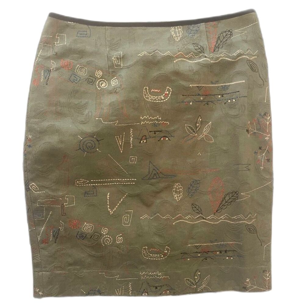 Meadow Rue Anthropologie Artsy Embroidered Pencil Skirt 2 XS Olive Green Boho